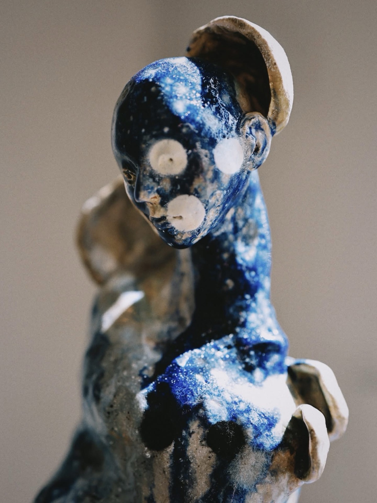 She Held the Morning (2026) — Saggar-fired stoneware, cobalt, ceramic sculpture by Kirsi Salo