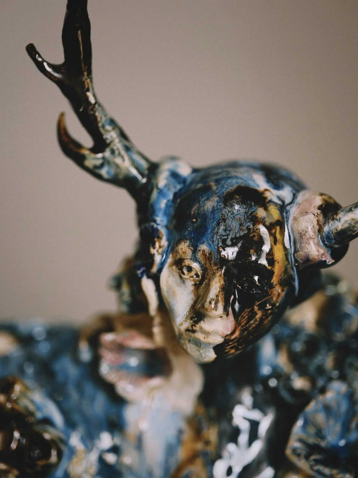 The Antlered One (2026) — Glazed stoneware, mixed oxides, ceramic sculpture by Kirsi Salo